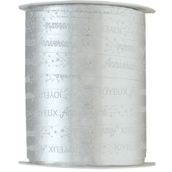 Bobine ruban bolduc joyeux anniversaire argent metallique