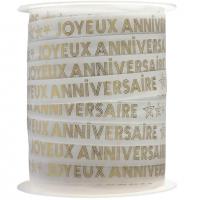 Bobine ruban bolduc joyeux anniversaire blanc et dore or