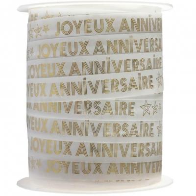 Sublime bobine ruban Bolduc Joyeux Anniversaire blanc et doré or 10mm x 25m (x1) REF/7982