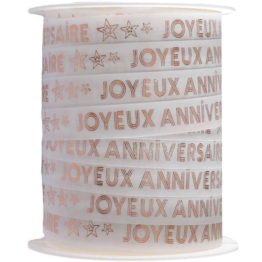 Bobine ruban bolduc joyeux anniversaire blanc et rose gold