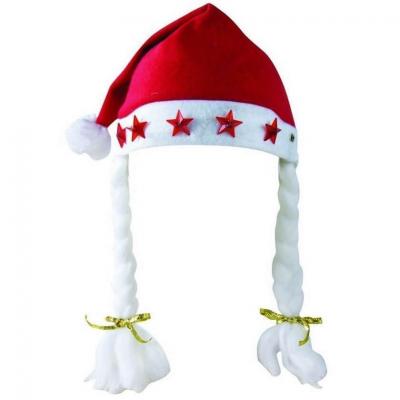 Bonnet de Noël adulte blanc et rouge avec étoiles lumineuses avec tresses (x1) REF/61045