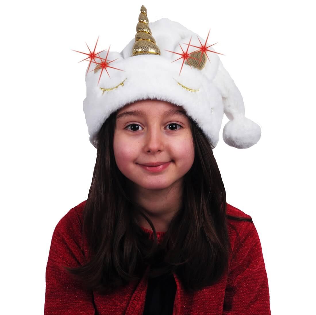 Bonnet de noel lumineux licorne enfant blanc et dore or metallise
