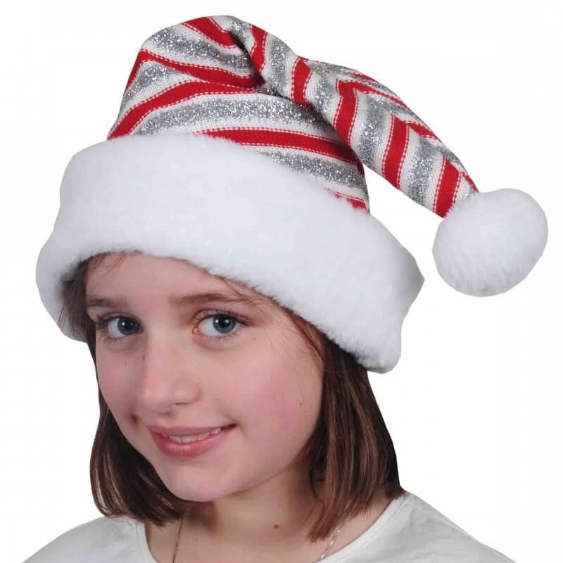 Bonnet de noel tissu maille enfant rouge argent et blanc