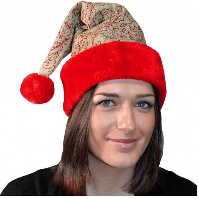 Bonnet noel aspect lin feuille rouge et naturel