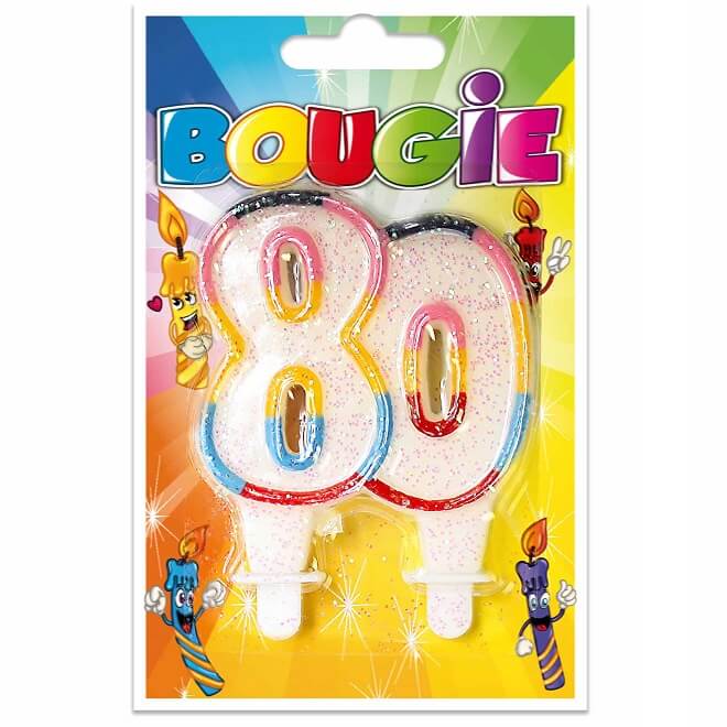 Bougie anniversaire 80ans pailletee et multicolore