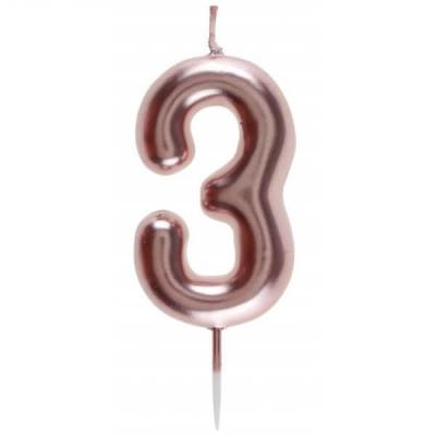 Bougie gâteau anniversaire rose gold chiffre 3 sur pique (x1) REF/7305