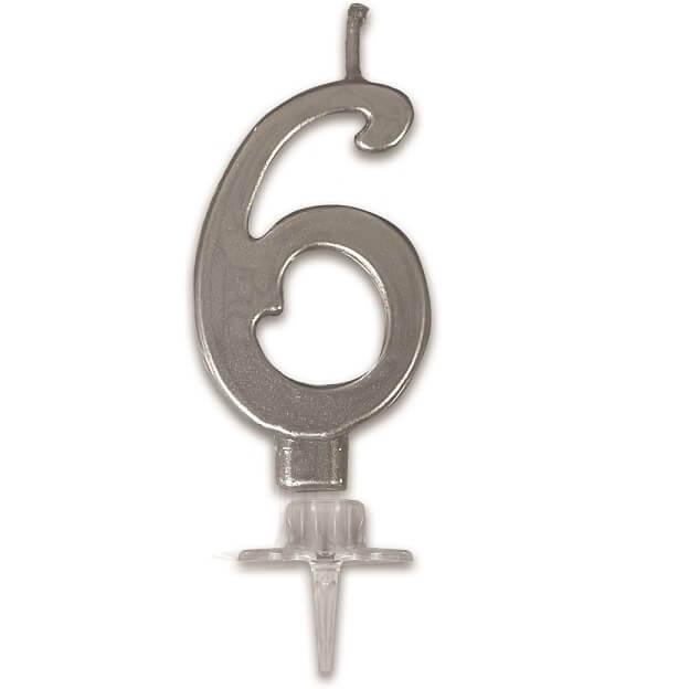 Bougie anniversaire chiffre 6 argent metallique
