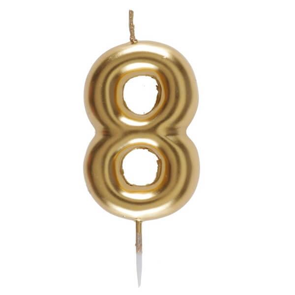 Bougie anniversaire chiffre 8 dore metallise sur pique