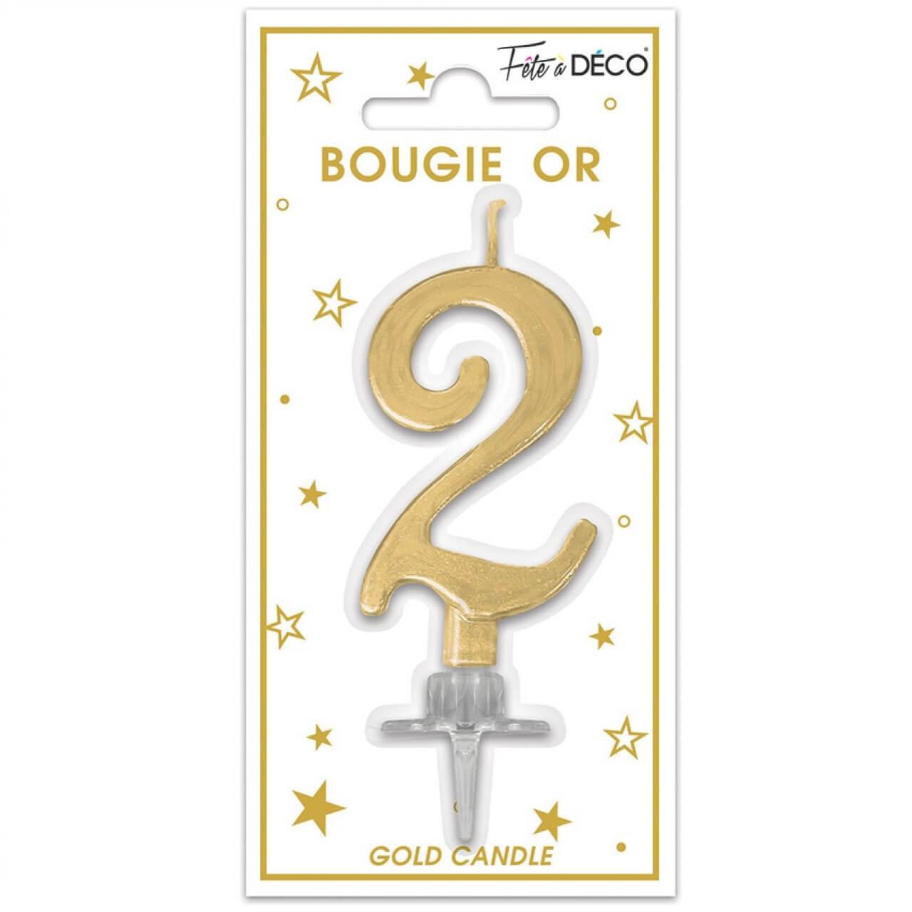 Bougie chiffre 2 doré or pour gâteau anniversaire REF/BMCOR02