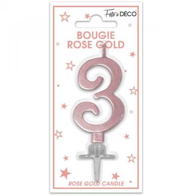 1 Bougie chiffre 3 rose gold métallique pour gâteau fête anniversaire REF/BMCRG03