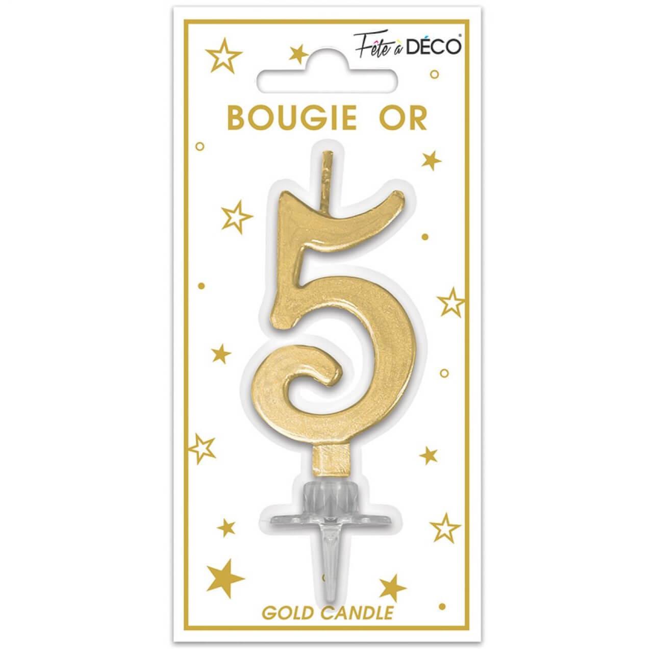 Bougie chiffre 5 doré or pour gâteau anniversaire REF/BMCOR05