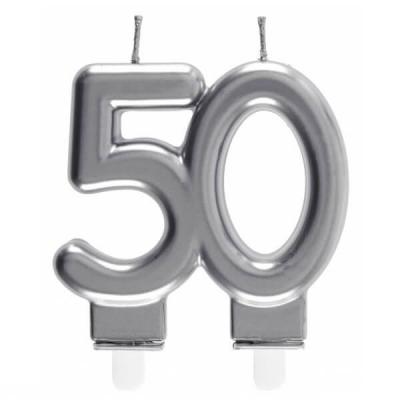 Bougie decorative pour gateau d anniversaire 50ans argentee metallisee