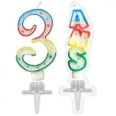 1 Pack bougie anniversaire 3 ans pailletée multicolore REF/BBC0