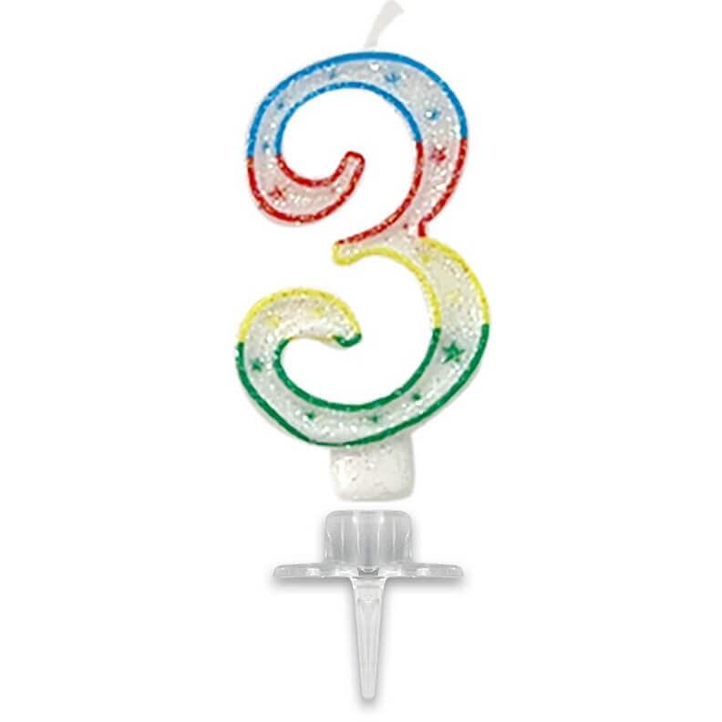 Bougie fete anniversaire multicolore chiffre 3