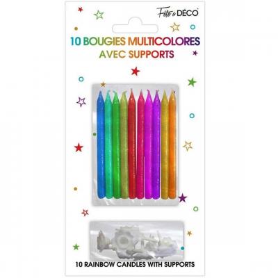 Bougie pailletée multicolore avec supports pour gâteau d'anniversaire (x10) REF/BSPM