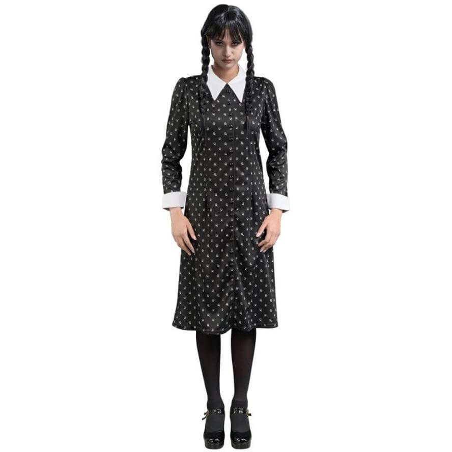 C4628 taille m robe noire a motifs mercredi wednesday famille addams