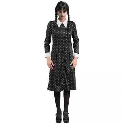 C4628 taille s robe noire a motifs mercredi wednesday famille addams
