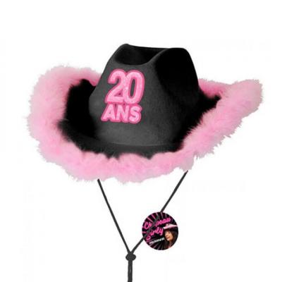 Cadeau avec chapeau anniversaire 20 ans noir et rose fuchsia (x1) REF/CHAG02N