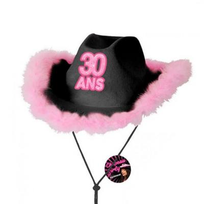 Cadeau avec chapeau anniversaire 30 ans noir et rose fuchsia (x1) REF/CHAG03N