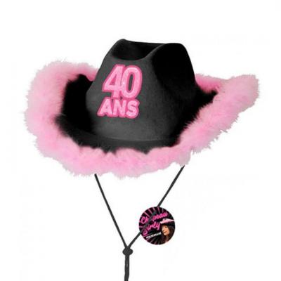 Cadeau avec chapeau anniversaire 40 ans noir et rose fuchsia (x1) REF/CHAG04N