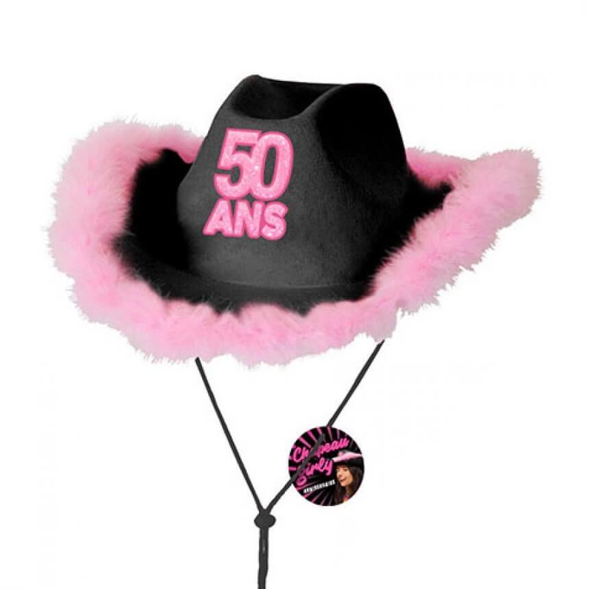 Cadeau chapeau anniversaire 50ans noir et rose fuchsia