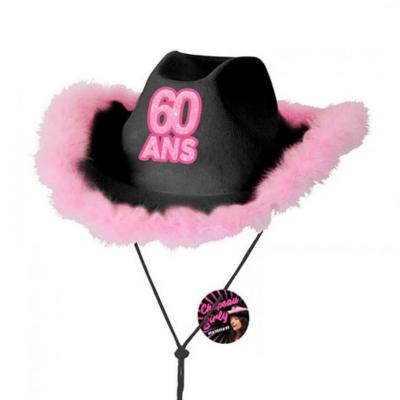 Cadeau avec chapeau anniversaire 60 ans noir et rose fuchsia (x1) REF/CHAG06N