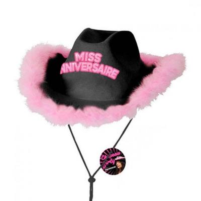 Cadeau avec chapeau miss anniversaire noir et rose fuchsia (x1) REF/CHAG00N