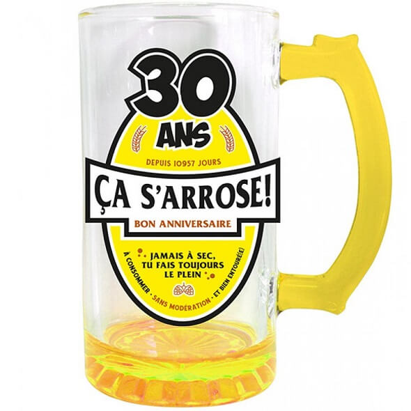 Cadeau chope a biere anniversaire 30ans jaune