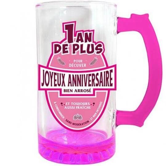 Cadeau chope a biere joyeux anniversaire rose fuchsia