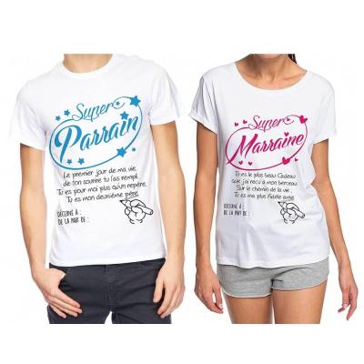 Cadeau de fête avec 2 T-shirts dédicaces pour Parrain et Marraine REF/TSOSS224-TSOSS225