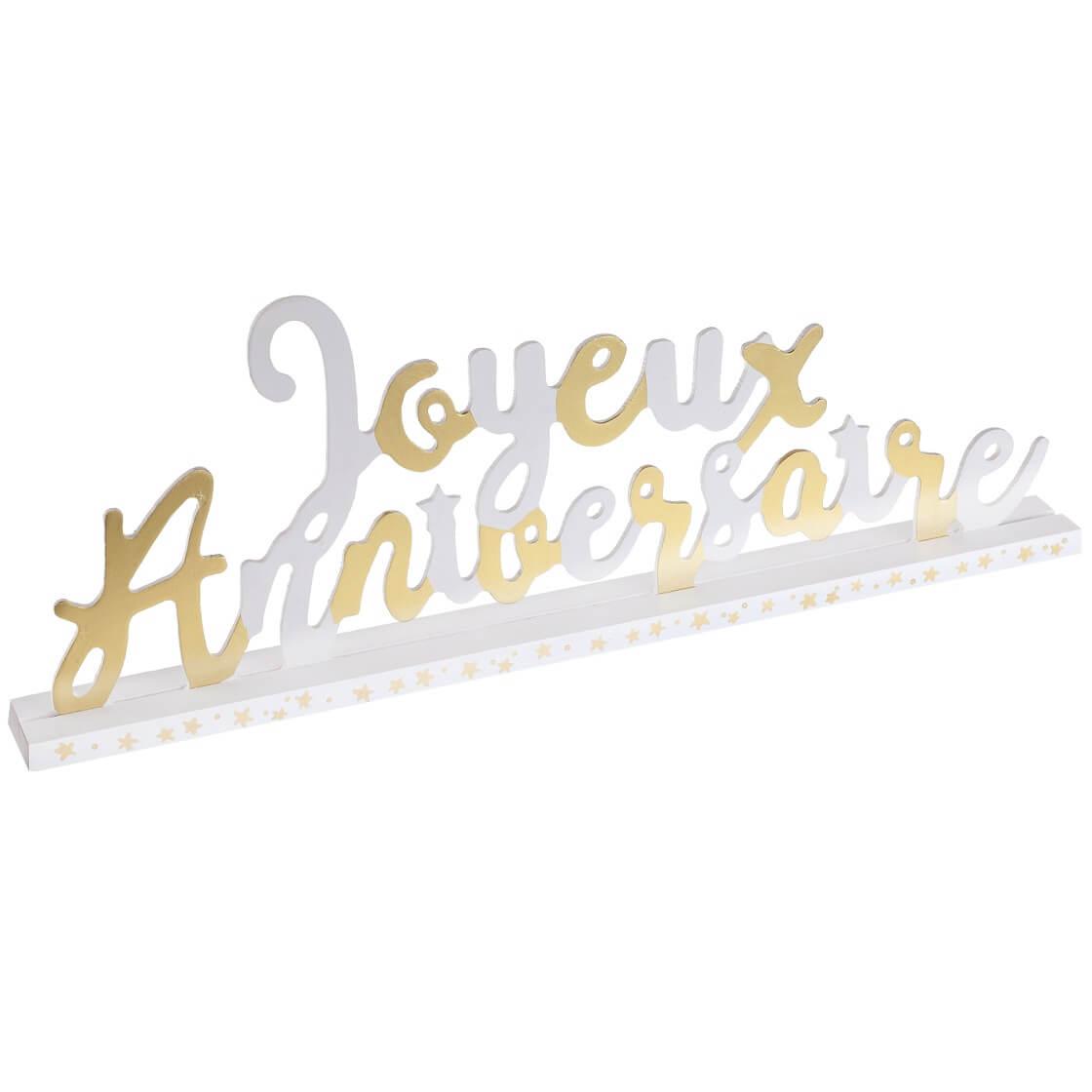 Centre de table lettre joyeux anniversaire en bois blanc et or metallique