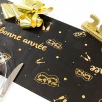 Ch571 decoration chemin de table satin bonne annee nouvel an dore or et noir