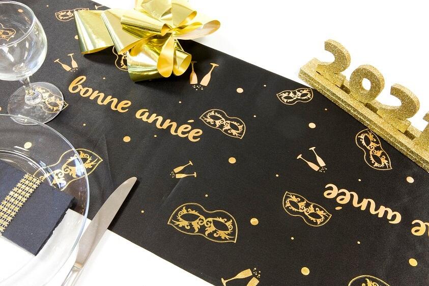 Ch571 decoration chemin de table satin bonne annee nouvel an dore or et noir