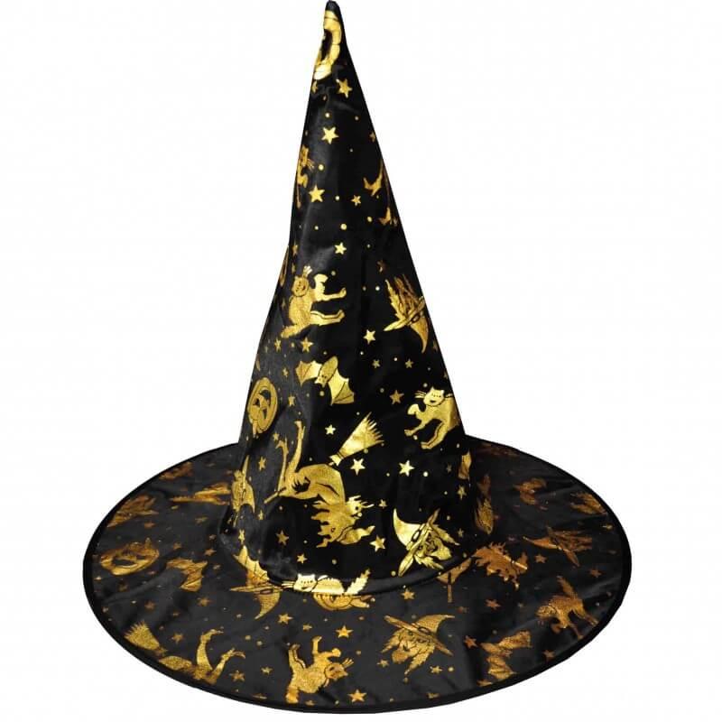 Chapeau sorcier noir dore or halloween