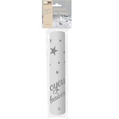 Chemin de table joyeux anniversaire argent metallique et transparent organdi