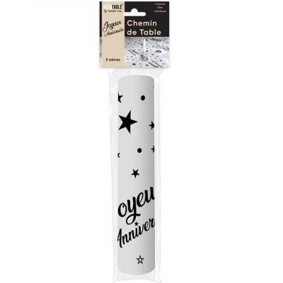 Chemin de table joyeux anniversaire noir metallique et transparent organdi