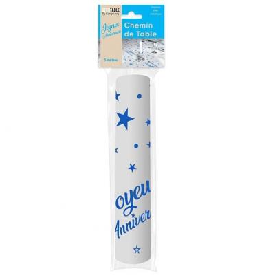 Chemin de table joyeux anniversaire organza bleu et transparent