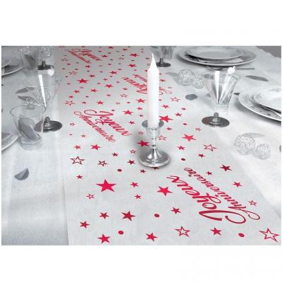 Chemin de table anniversaire rouge metallique et transparent organdi