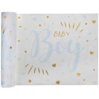 Chemin de table baby shower blanc bleu et or