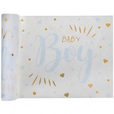 Chemin de table Baby Shower Boy blanc, bleu ciel et or métallisé 3m x 28cm (x1) REF/7251