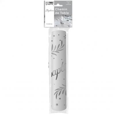 Chemin de table bapteme argent et transparent