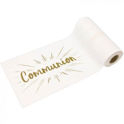 Chemin de table Communion blanc et or métallique 14cm x 4m (x1) REF/RU425