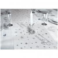 Chemin de table joyeux anniversaire argent metallique et transparent organdi