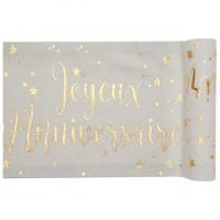 Chemin de table joyeux anniversaire blanc et or