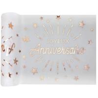 Chemin de table joyeux anniversaire blanc et rose gold etincelant metallise