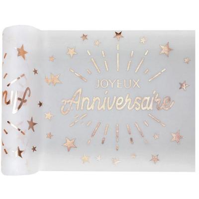 Chemin de table joyeux anniversaire blanc et rose gold métallique 30cm x 5m (x1) REF/6646