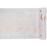 Chemin de table joyeux anniversaire blanc et rose gold metallique