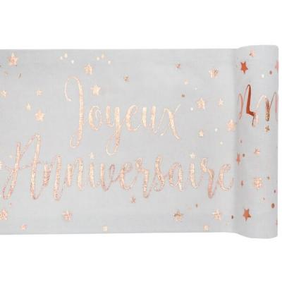 Chemin de table joyeux anniversaire blanc et rose gold métallique (x1) REF/5668