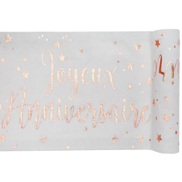 Chemin de table joyeux anniversaire blanc et rose gold metallique