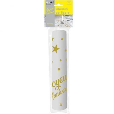 Chemin de table transparent joyeux anniversaire dore or metallique